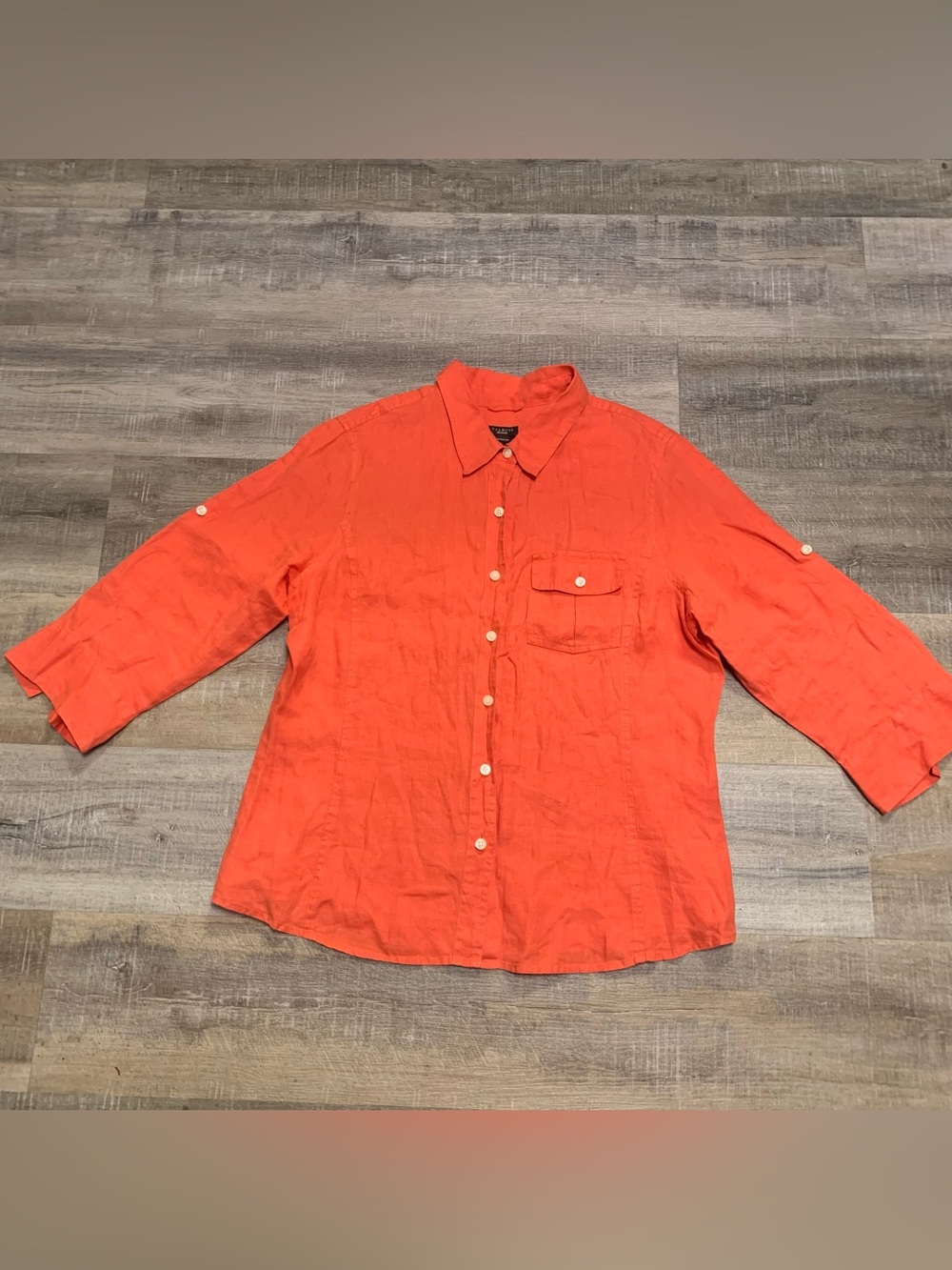 Talbots Pure Irish Linen 3/4 Roll Tab Sleeve Orange Button Up Top Blouse Shirt L